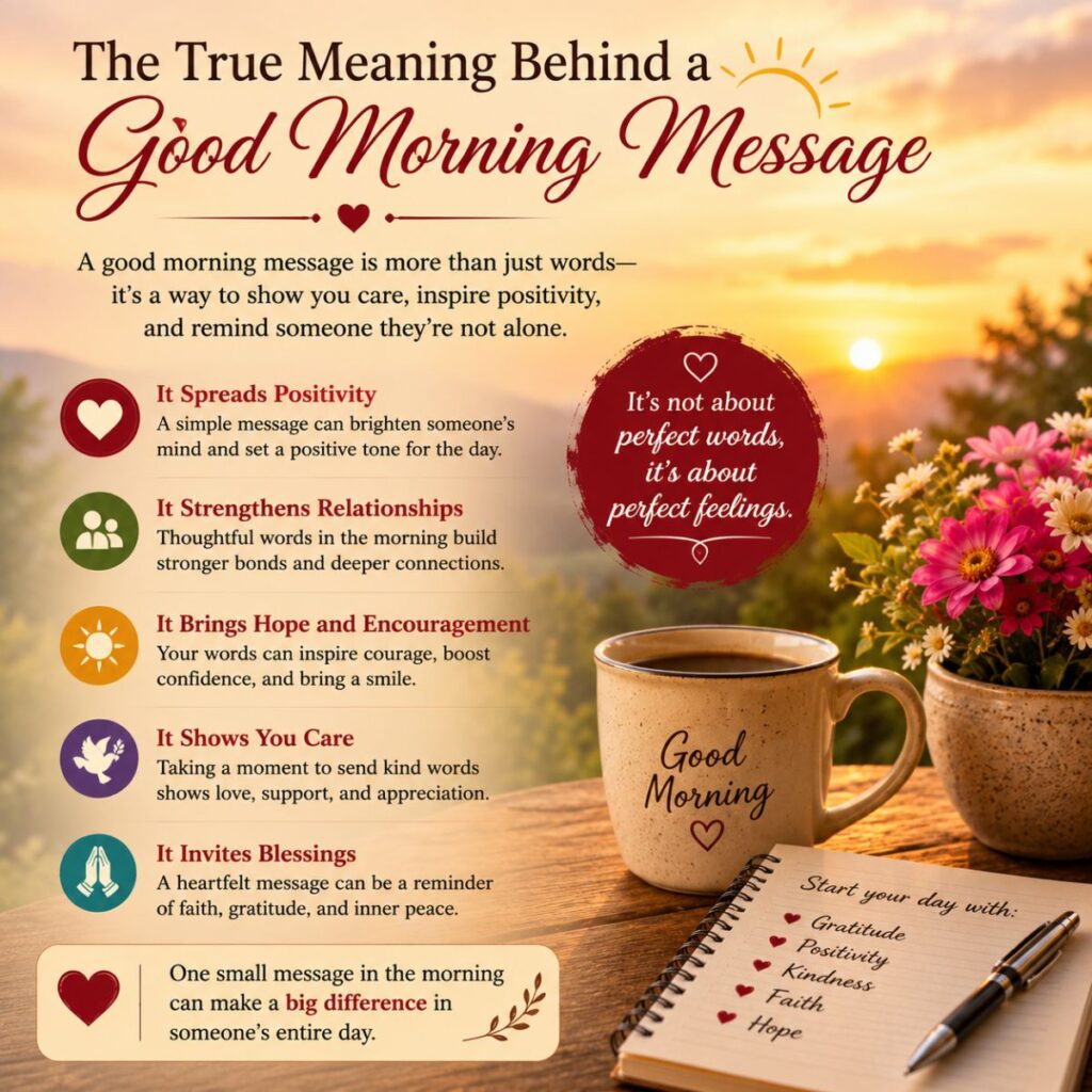The true meaning behind a good morning message with sunrise, coffee, flowers, and inspiring morning positivity.