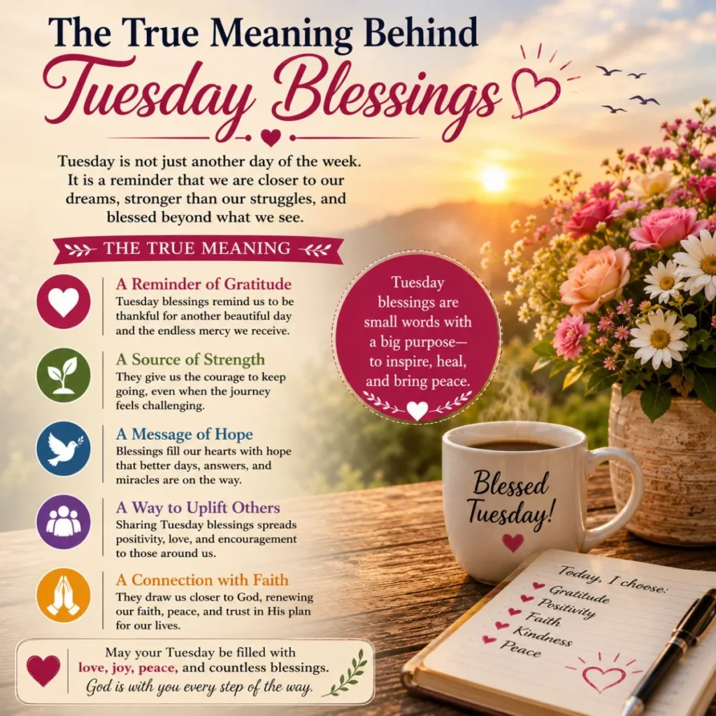 The true meaning behind Tuesday blessings with sunrise, coffee, flowers, and messages of hope and gratitude.