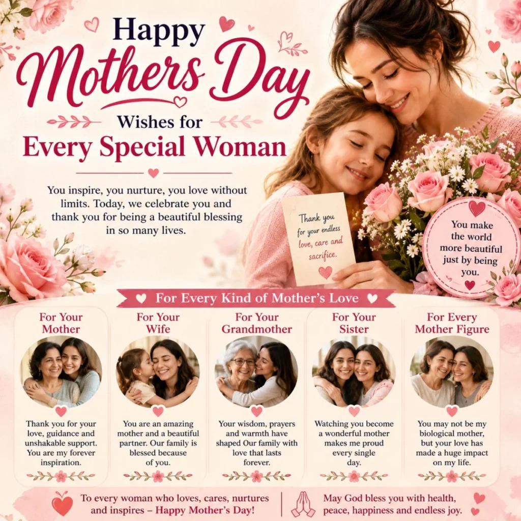 Happy Mothers Day wishes for mothers, wives, grandmothers, sisters, and loving mother figures.