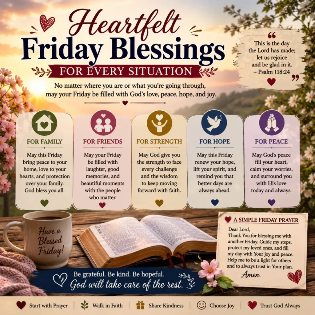 Heartfelt Friday blessings for every situation with prayers, hope, peace, faith, family, friends, and spiritual encouragement.