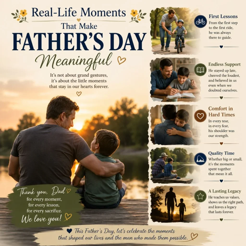 Real-life Father's Day moments showing a father and child sharing love, guidance, support, and unforgettable family memories.