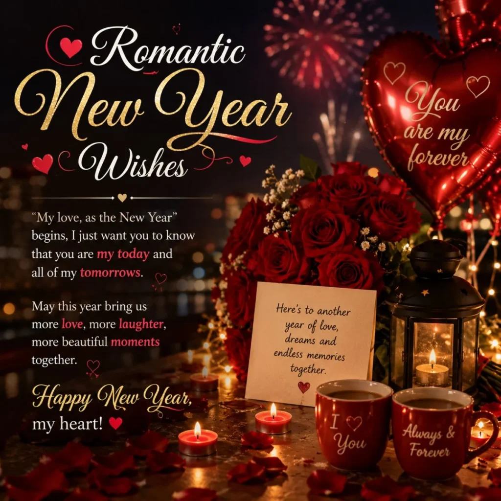 Romantic New Year wishes with red roses, candles, heart balloons, fireworks, and a heartfelt love message