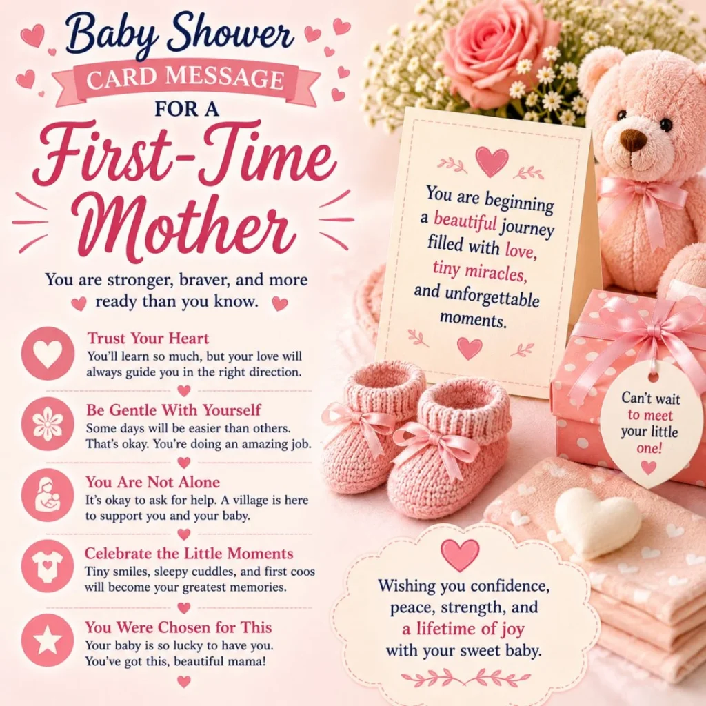Baby shower card message for a first-time mother with pink booties, teddy bear, flowers, and loving encouragement.