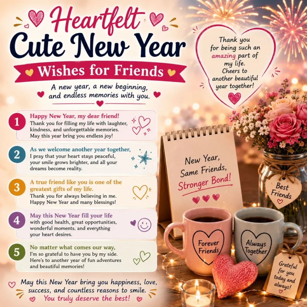 Heartfelt cute New Year wishes for friends with warm messages, fireworks, flowers, cozy mugs, and lasting friendship memories.