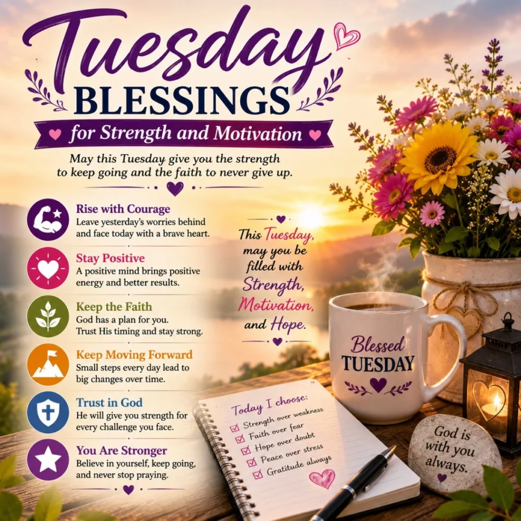 Tuesday blessings for strength and motivation with sunrise, flowers, coffee, faith, and hopeful encouragement.