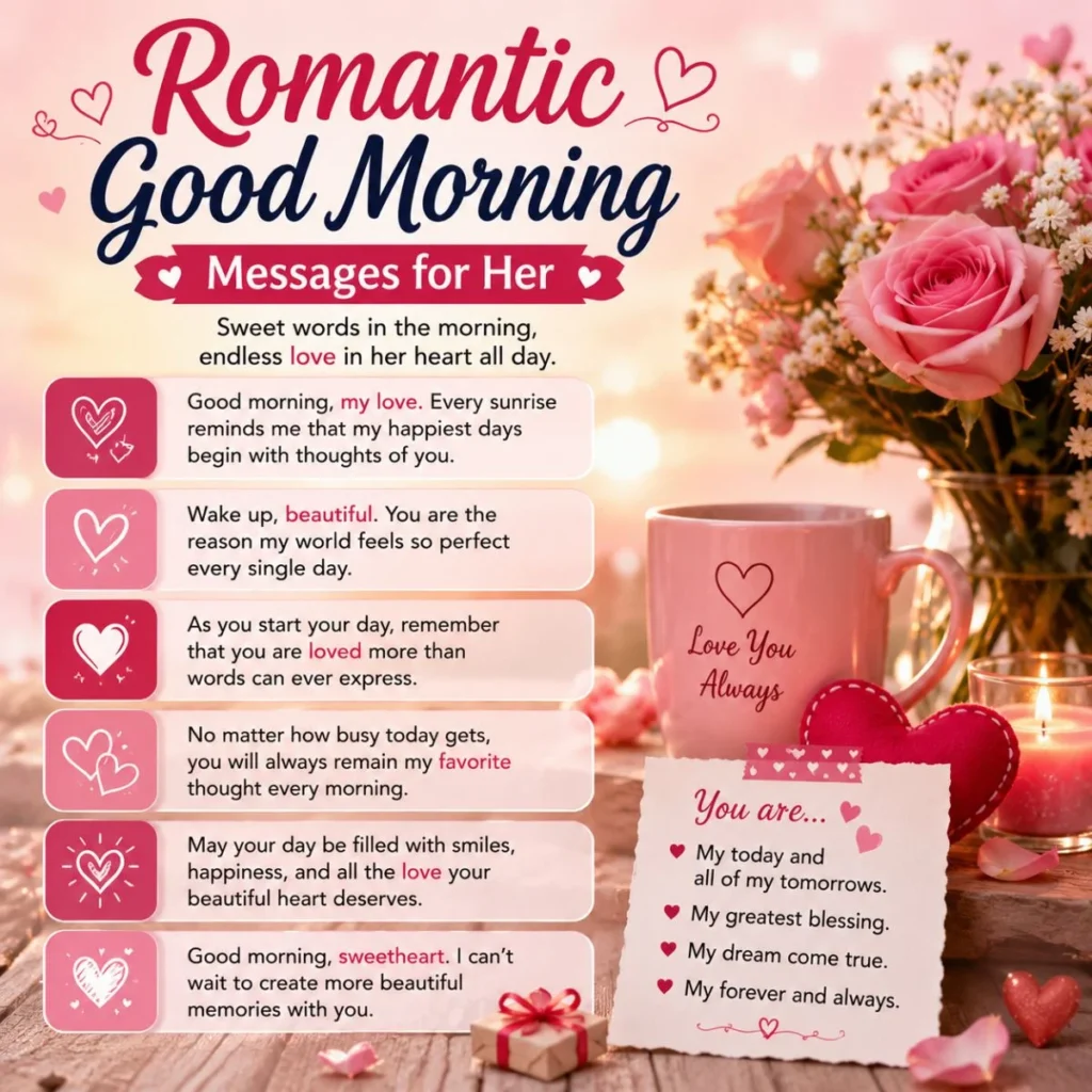 Romantic good morning messages for her with pink roses, a love mug, candles, hearts, and sweet morning wishes.