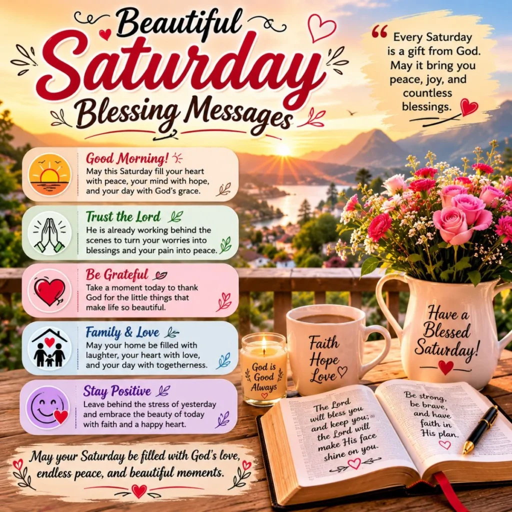 Beautiful Saturday blessing messages with sunrise, Bible, flowers, coffee, and inspiring faith-filled weekend wishes.