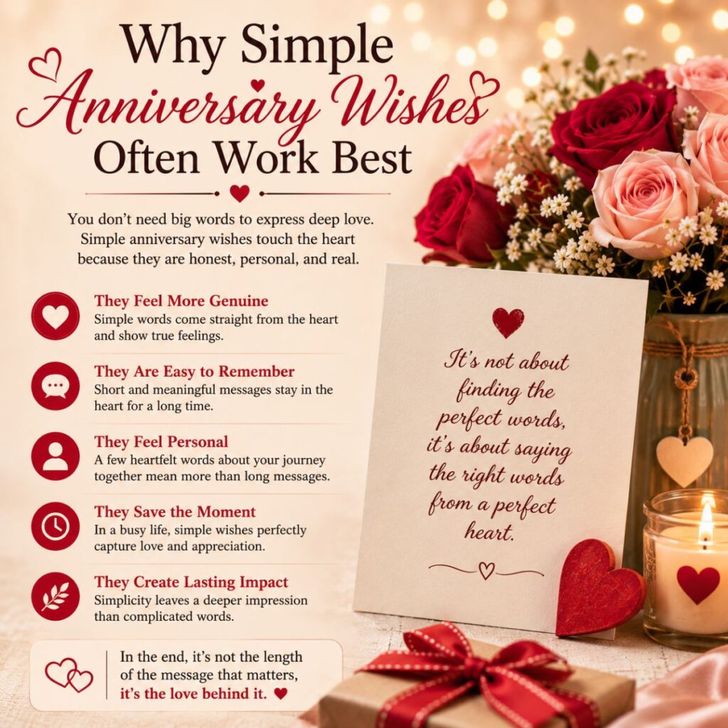 Simple anniversary wishes image with roses, candle, gift box, and heartfelt message about love and appreciation.