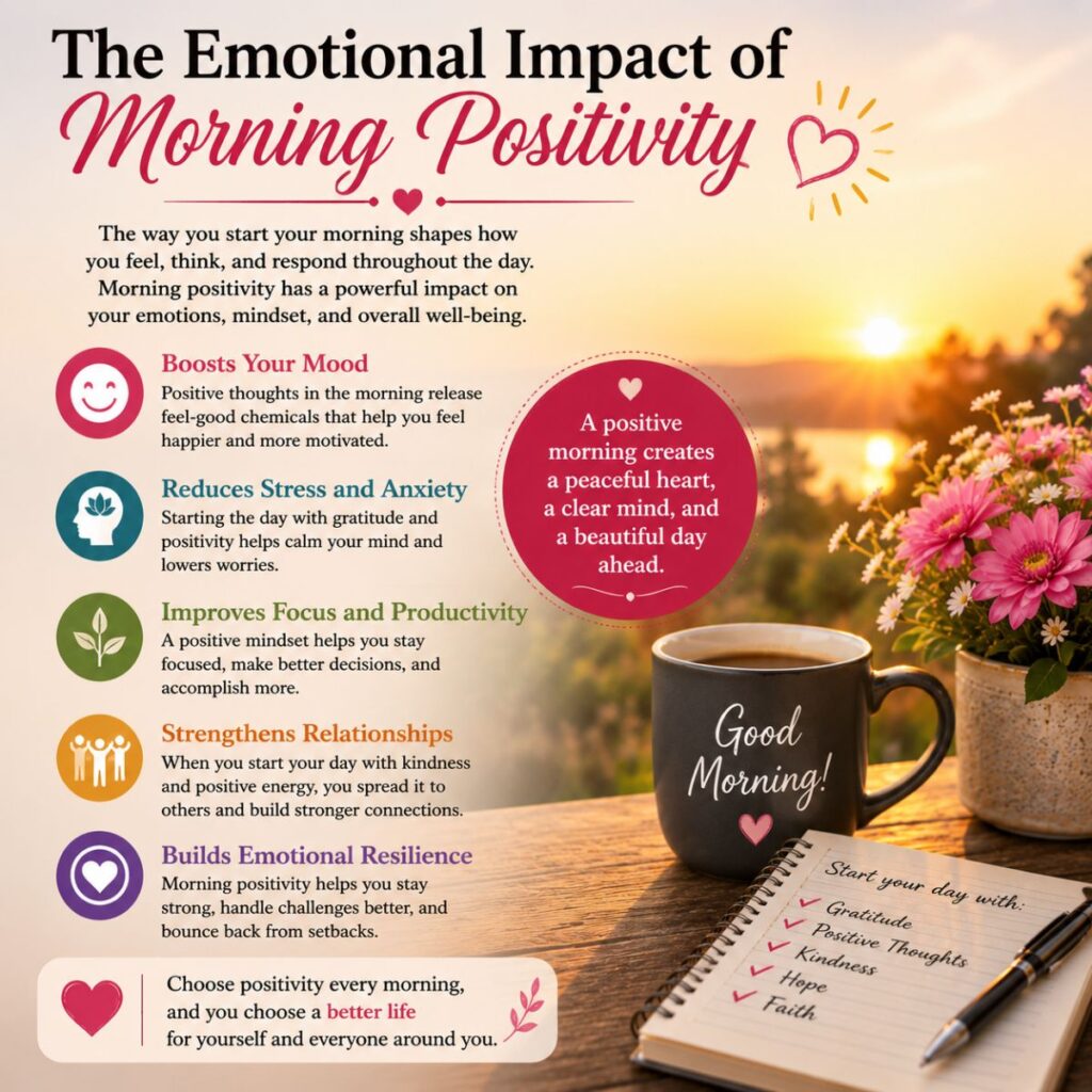 The emotional impact of morning positivity with sunrise, coffee, flowers, and inspiring good morning reminders.