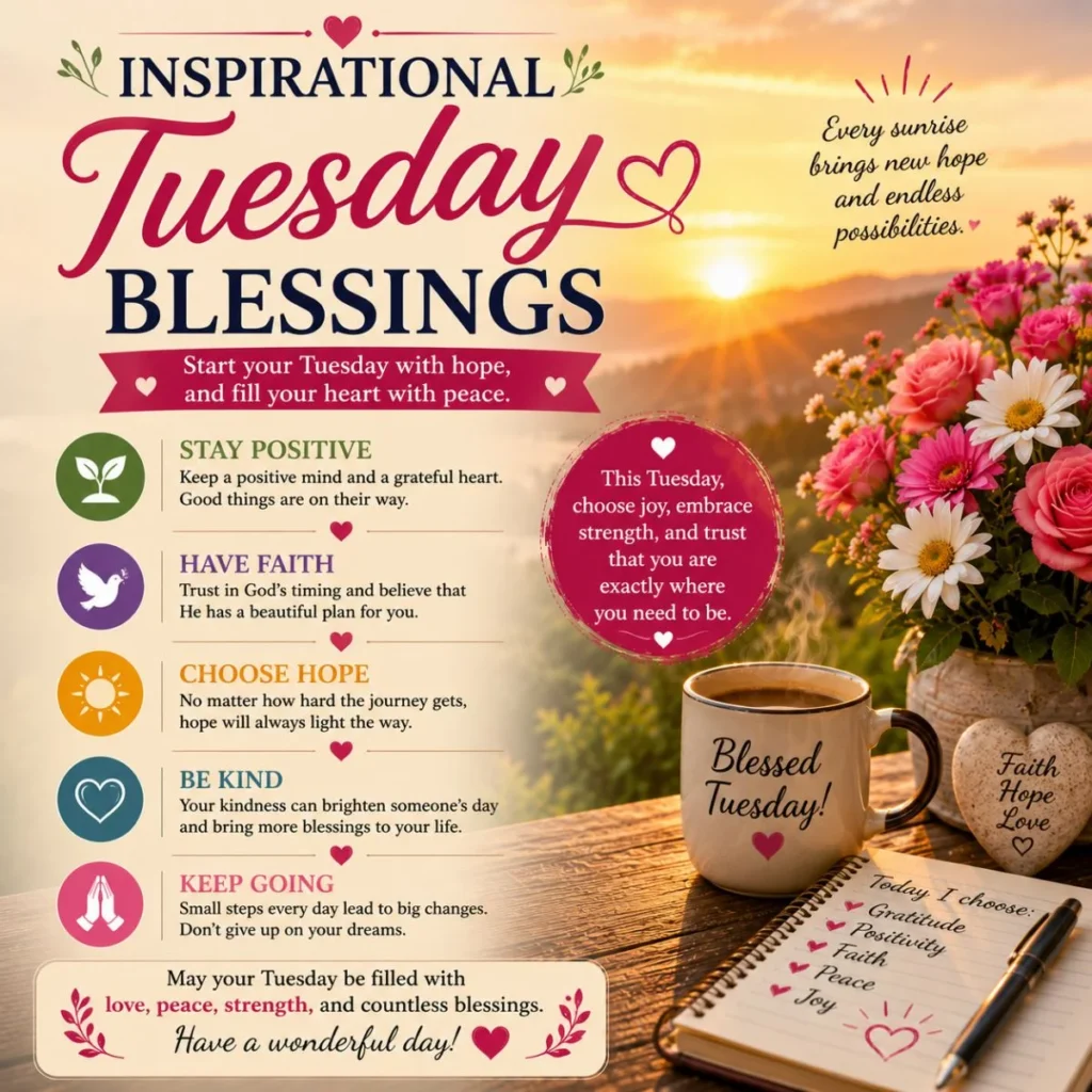 Inspirational Tuesday blessings with sunrise, coffee, flowers, and uplifting messages of hope, faith, and positivity.