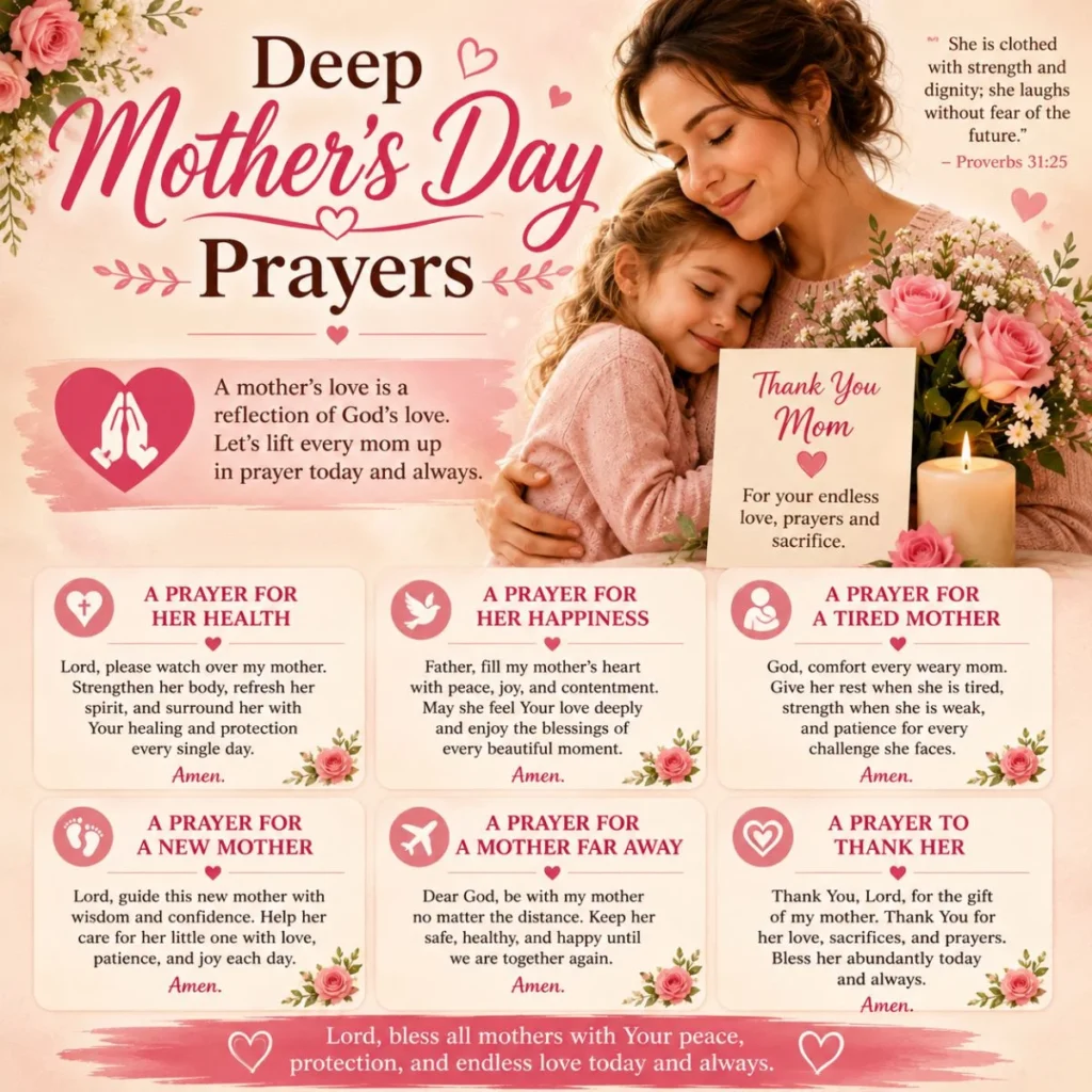 Deep Mother’s Day prayers with a mother and child, pink roses, candlelight, and blessings for every mom.