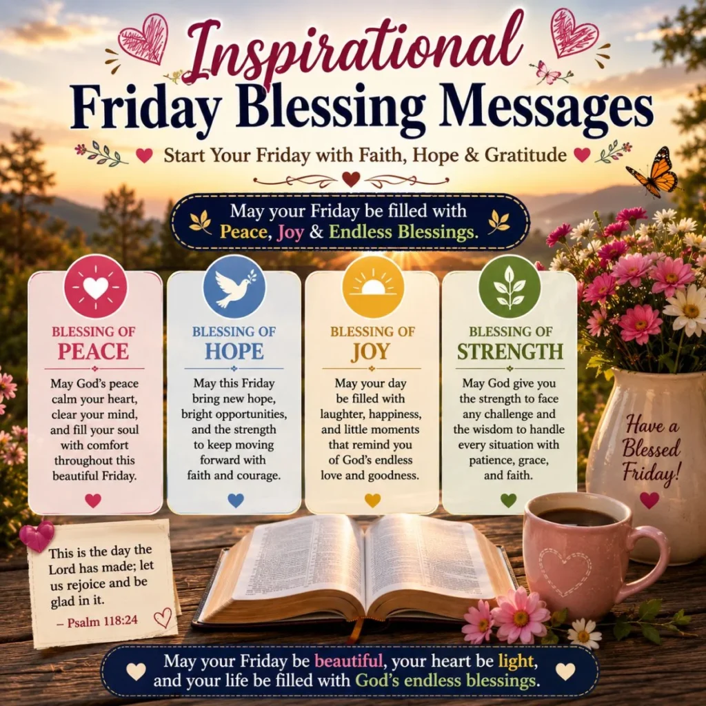 Inspirational Friday blessing messages with prayers, peace, hope, joy, strength, and faith for a blessed morning.