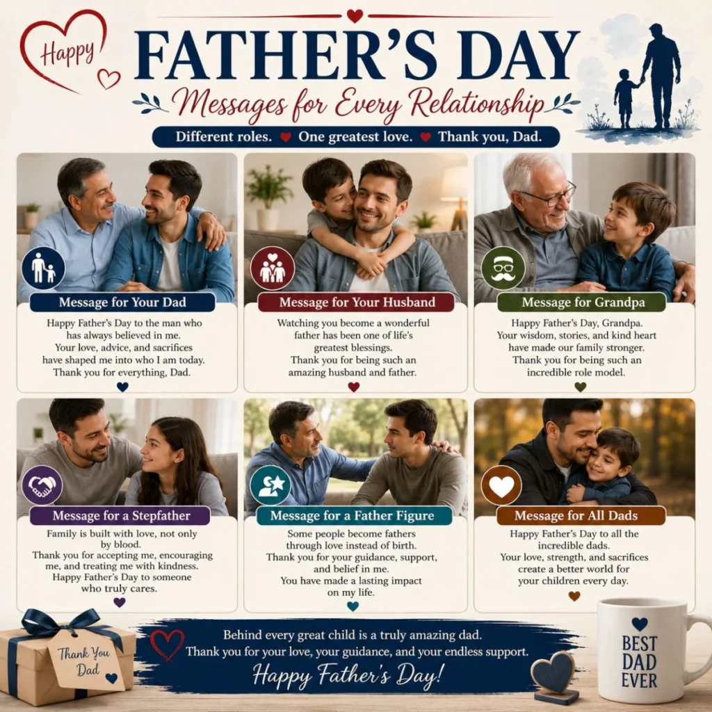 Father's Day messages for every relationship, including dads, grandpas, husbands, stepfathers, and father figures.