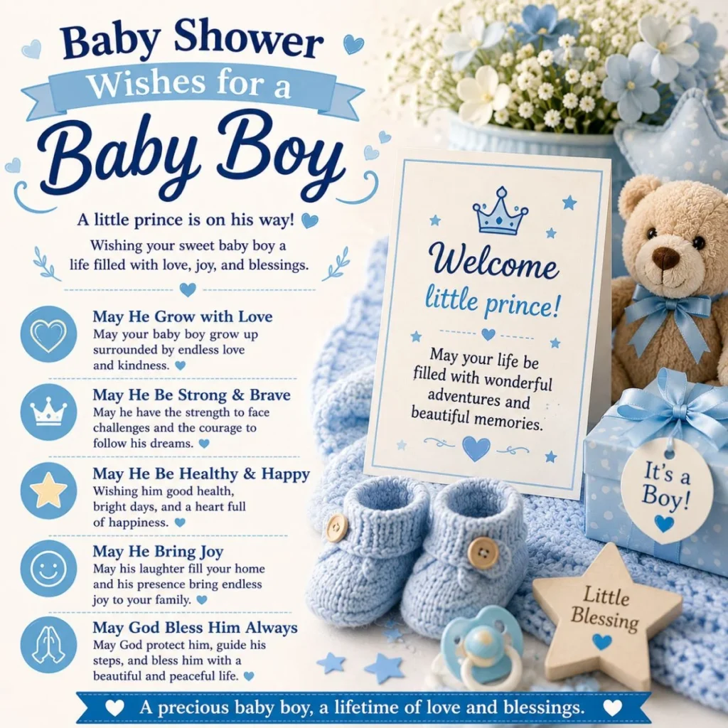 Baby shower wishes for a baby boy with blue booties, teddy bear, flowers, gift box, and welcome card.