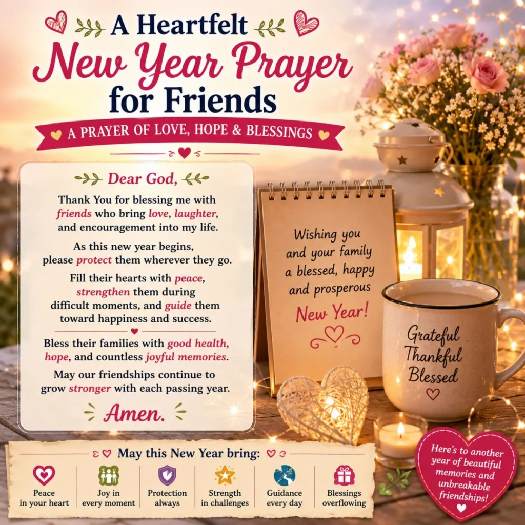 Heartfelt New Year prayer for friends with blessings of peace, protection, strength, guidance, good health, and joyful memories.