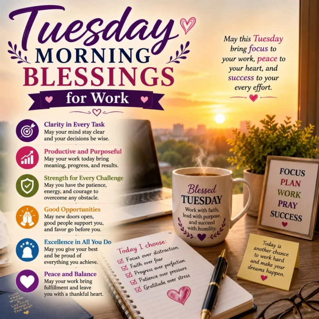 Tuesday morning blessings for work with sunrise, laptop, coffee, planner, and prayers for focus and success.