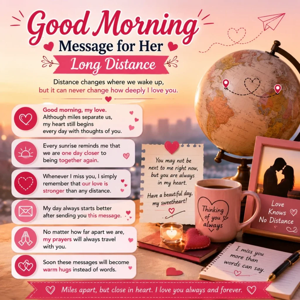 Long-distance good morning message for her with a globe, love notes, coffee, hearts, and romantic morning wishes.