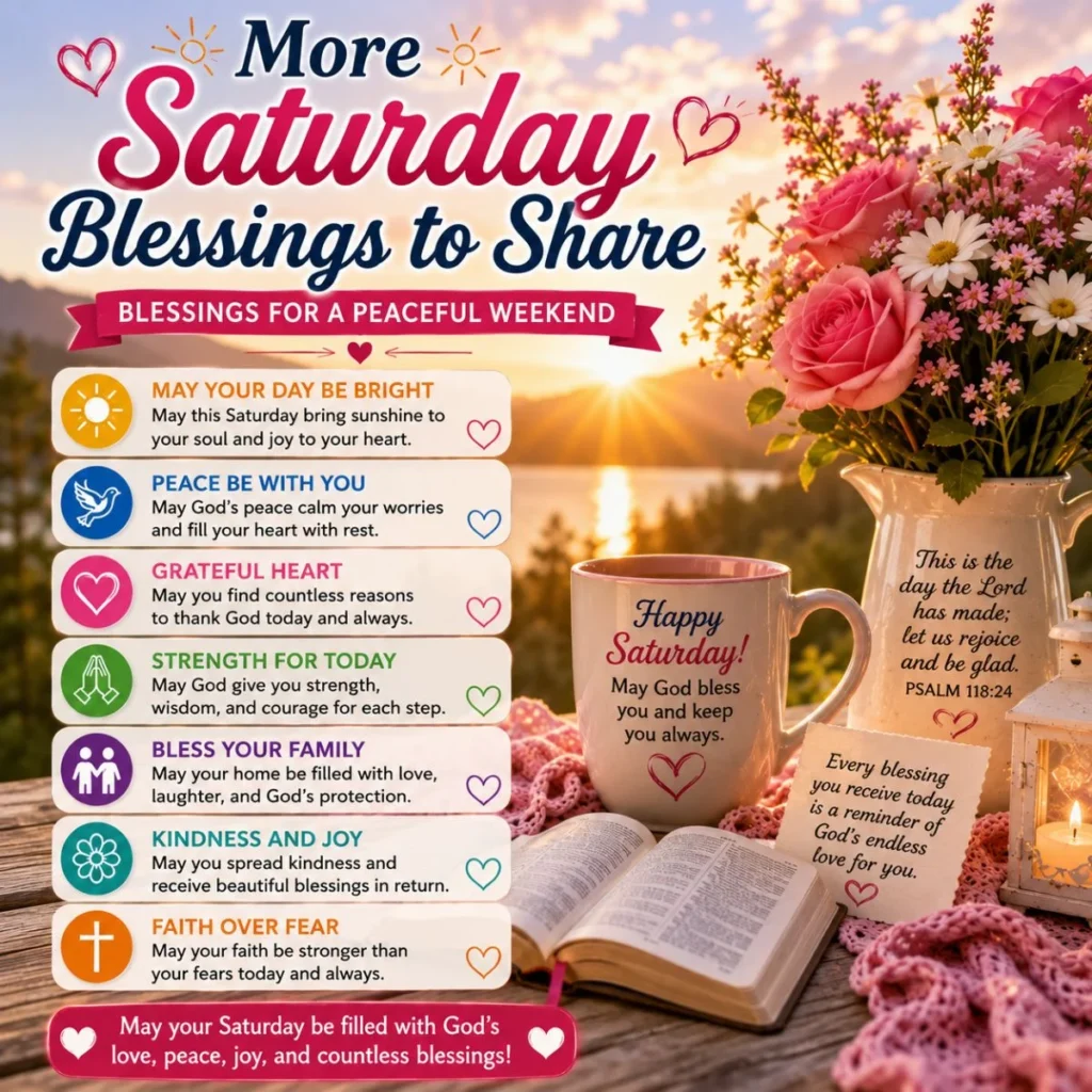More Saturday blessings to share with sunrise, Bible, flowers, coffee, and inspiring weekend messages of faith.