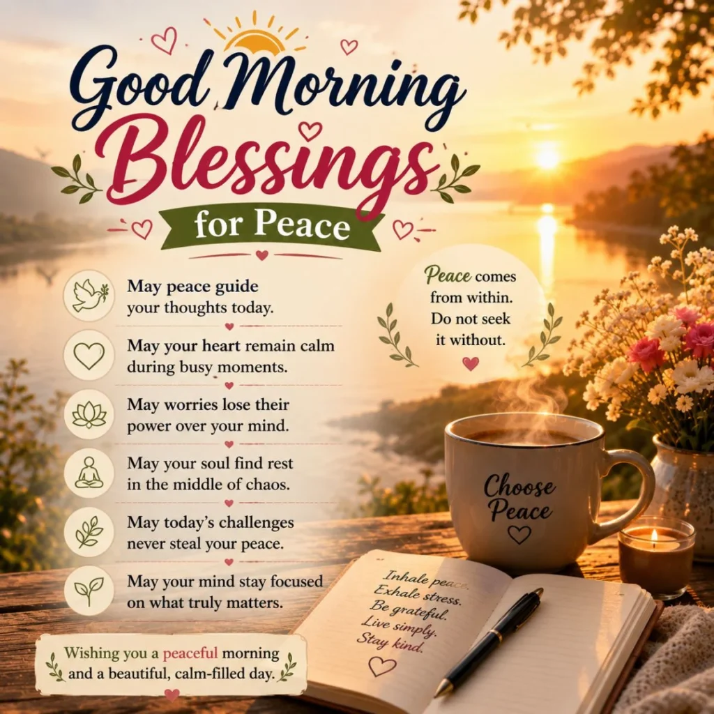 Good morning blessings for peace with sunrise lake, coffee mug, flowers, and calming morning inspiration