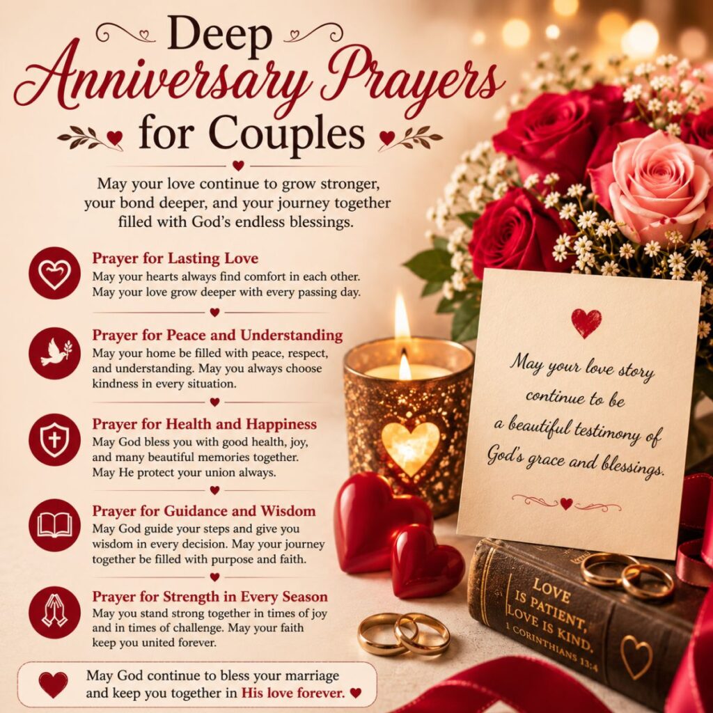 Deep anniversary prayers for couples with roses, candles, wedding rings, and blessings for lasting love.