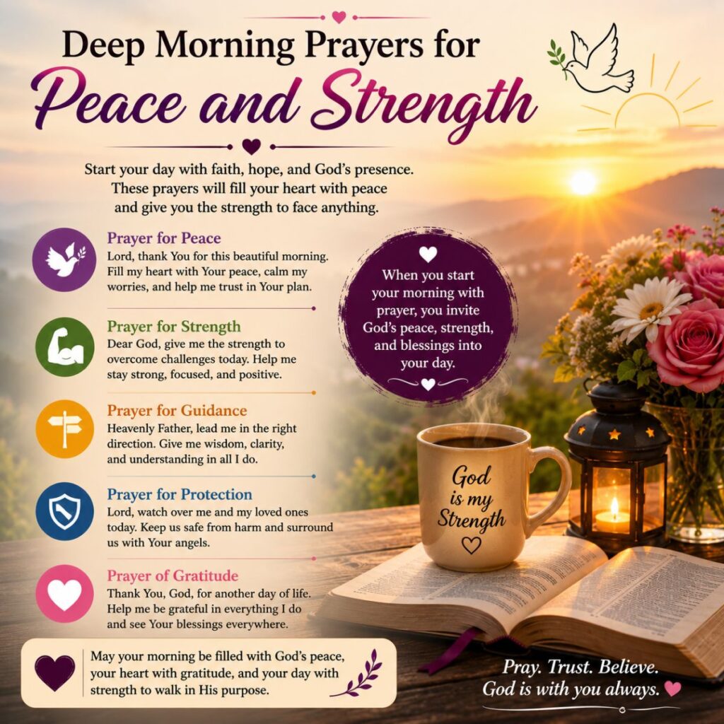 Deep morning prayers for peace and strength with sunrise, Bible, coffee, and faith-filled blessings.