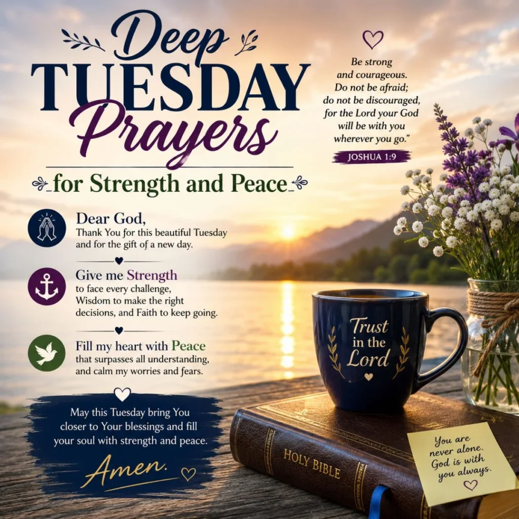 Deep Tuesday prayers for strength and peace with Bible, sunrise over a lake, flowers, and an inspiring Christian message.
