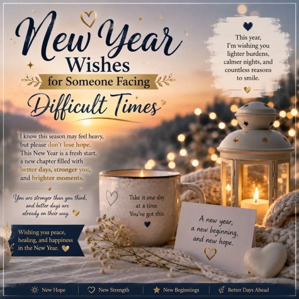 New Year wishes for someone facing difficult times with cozy candle, lantern, warm mug, and hopeful message