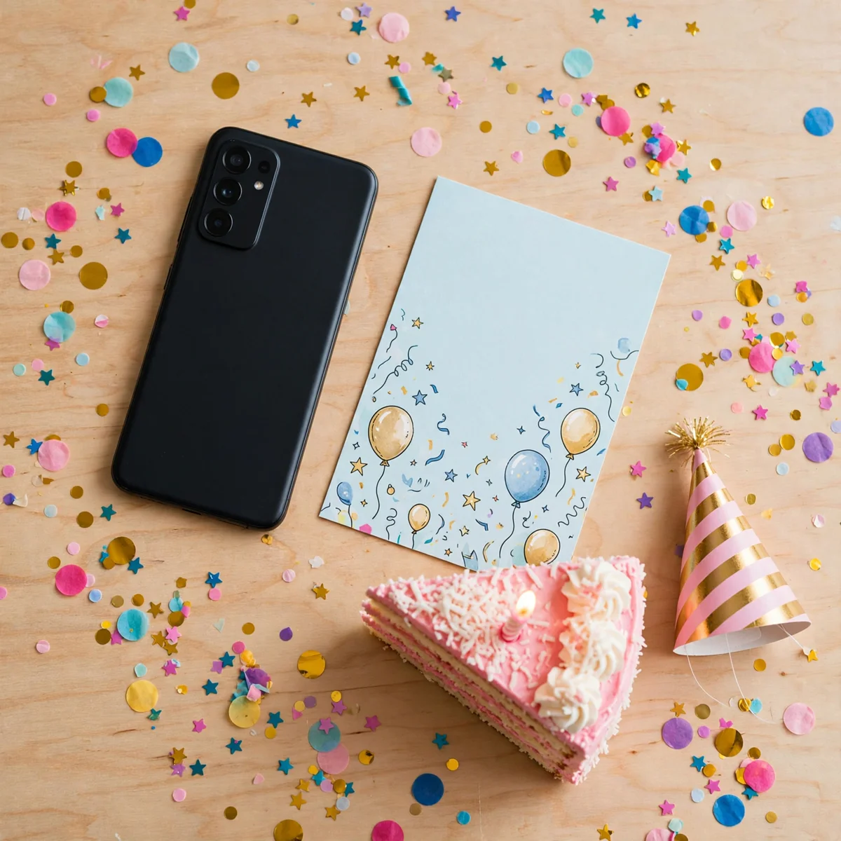 Belated birthday wishes flat lay featuring a birthday card, a smartphone, a slice of cake, and confetti on a bright table.
