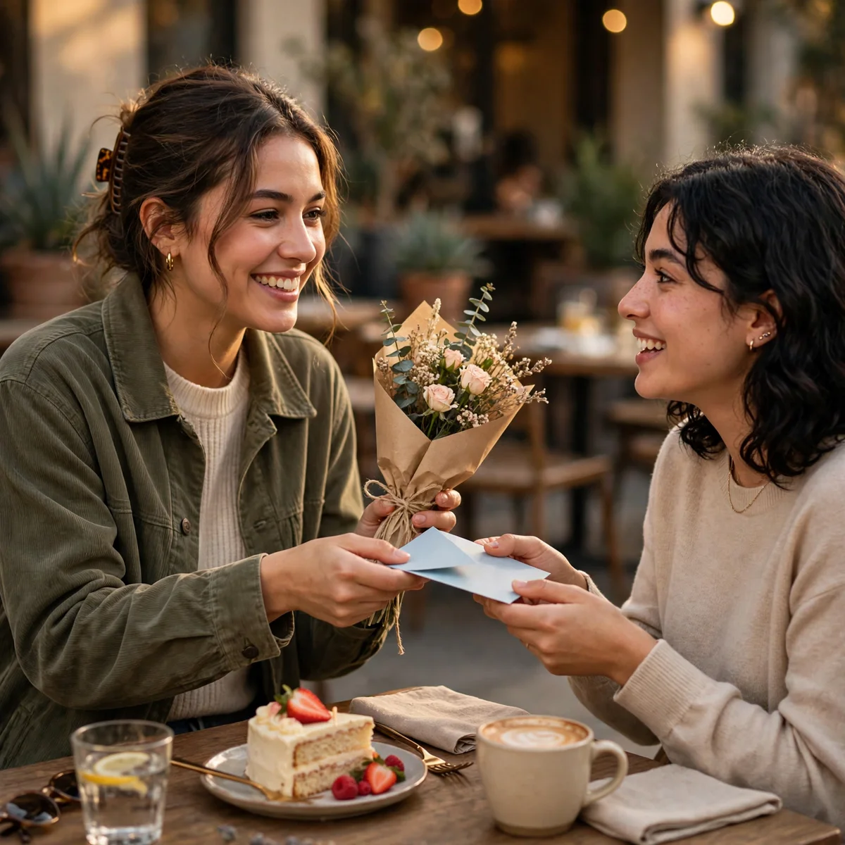 Belated birthday wishes photo of friends laughing together over a birthday cake at a cozy café table.