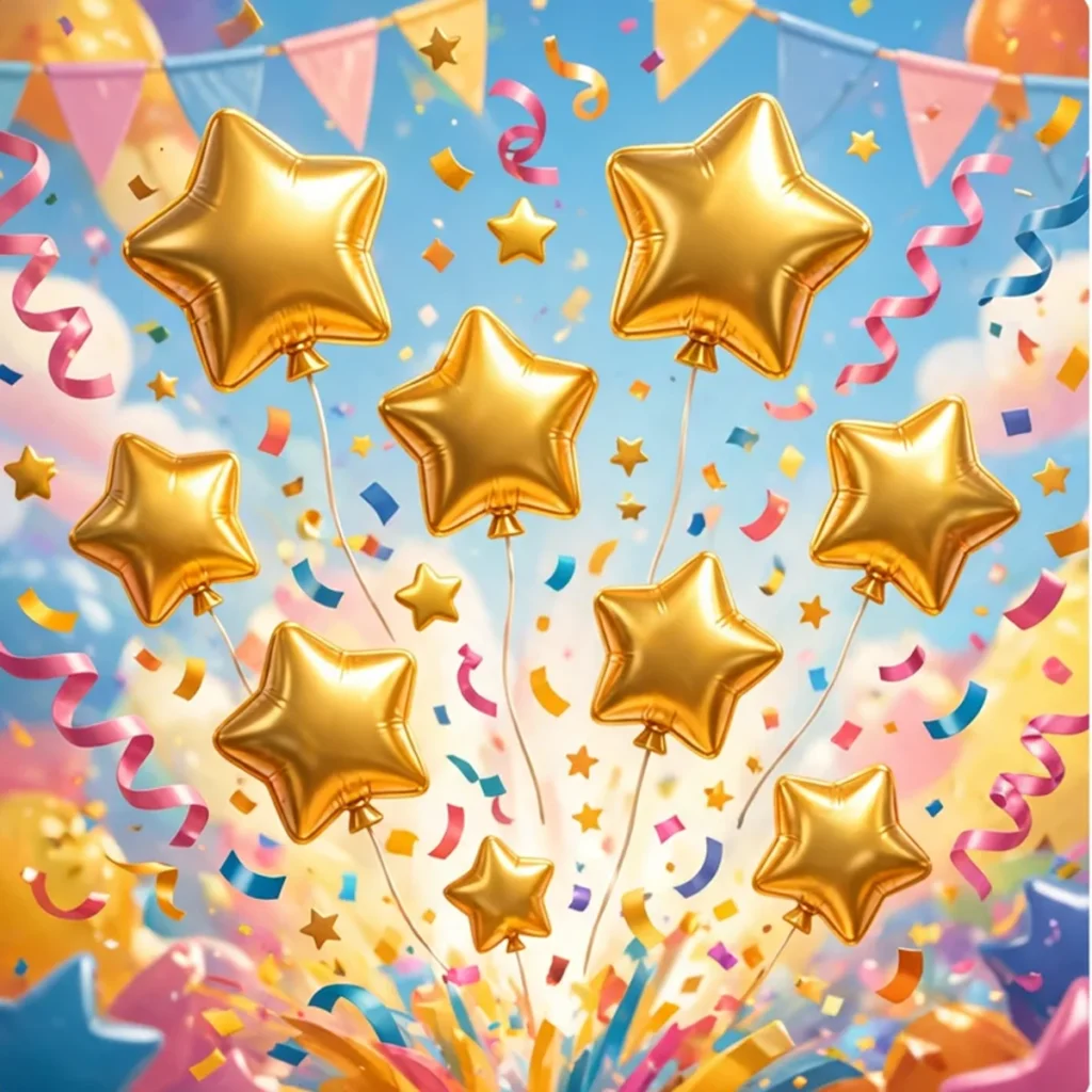 Shiny golden star-shaped foil balloons bursting upward through colourful confetti and streamers under a bright blue sky with pastel party bunting.
