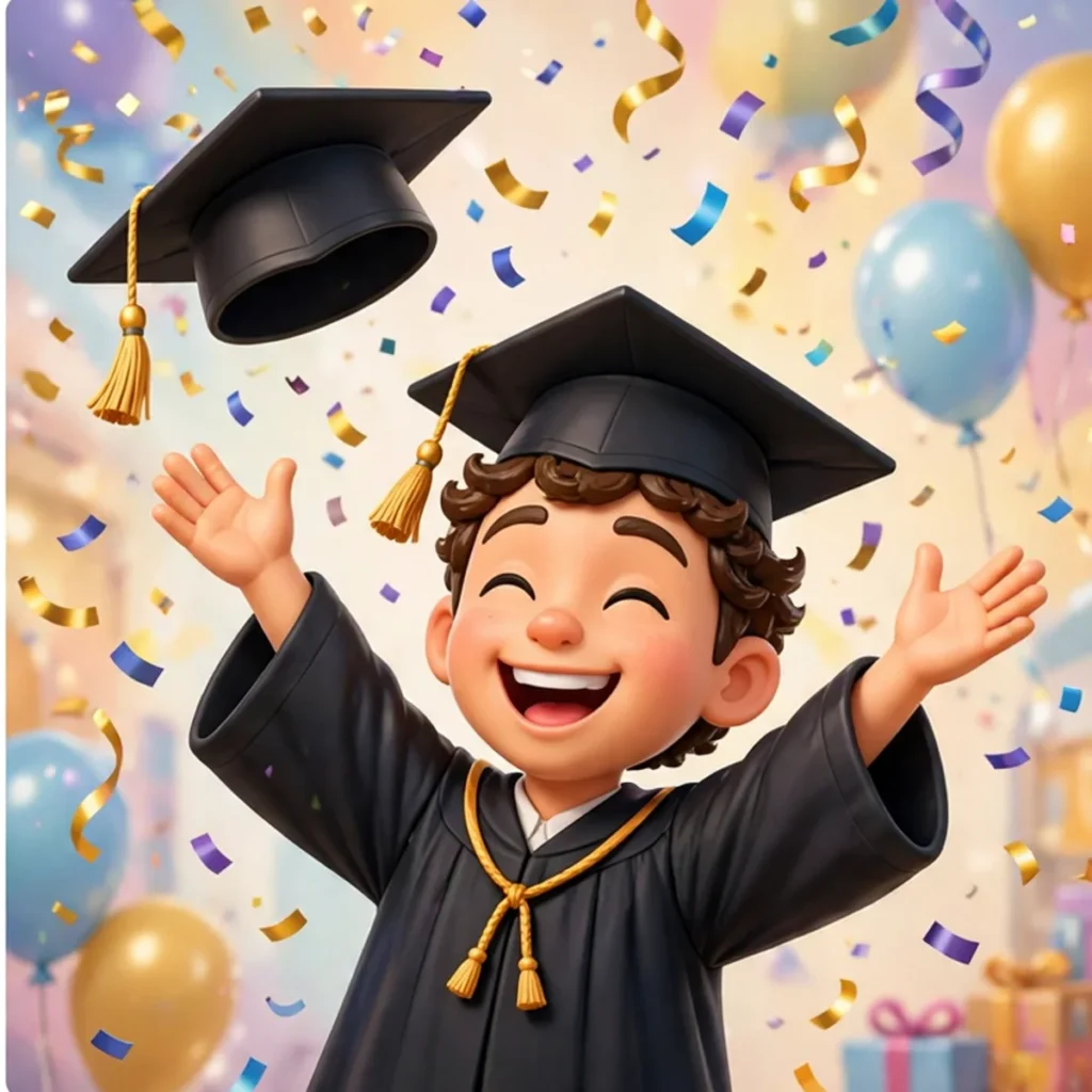A beaming cartoon graduate in a black cap and gown with a gold tassel cord, arms raised in celebration as a second cap flies through the air above, with balloons and confetti around.