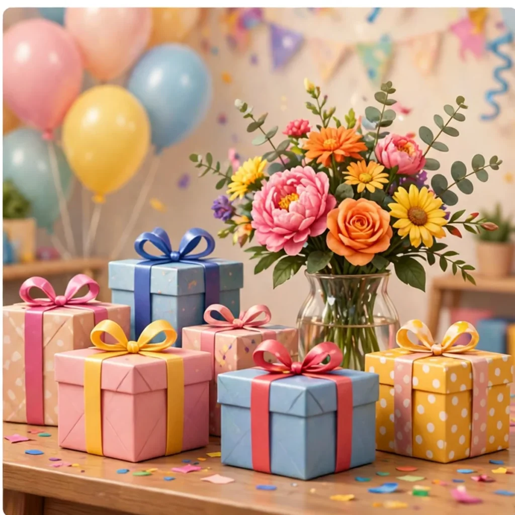 A wooden celebration table with five wrapped gift boxes in pink, blue and yellow tied with ribbon bows, beside a glass vase of pink peonies, orange roses and yellow daisies, with pastel balloons behind.