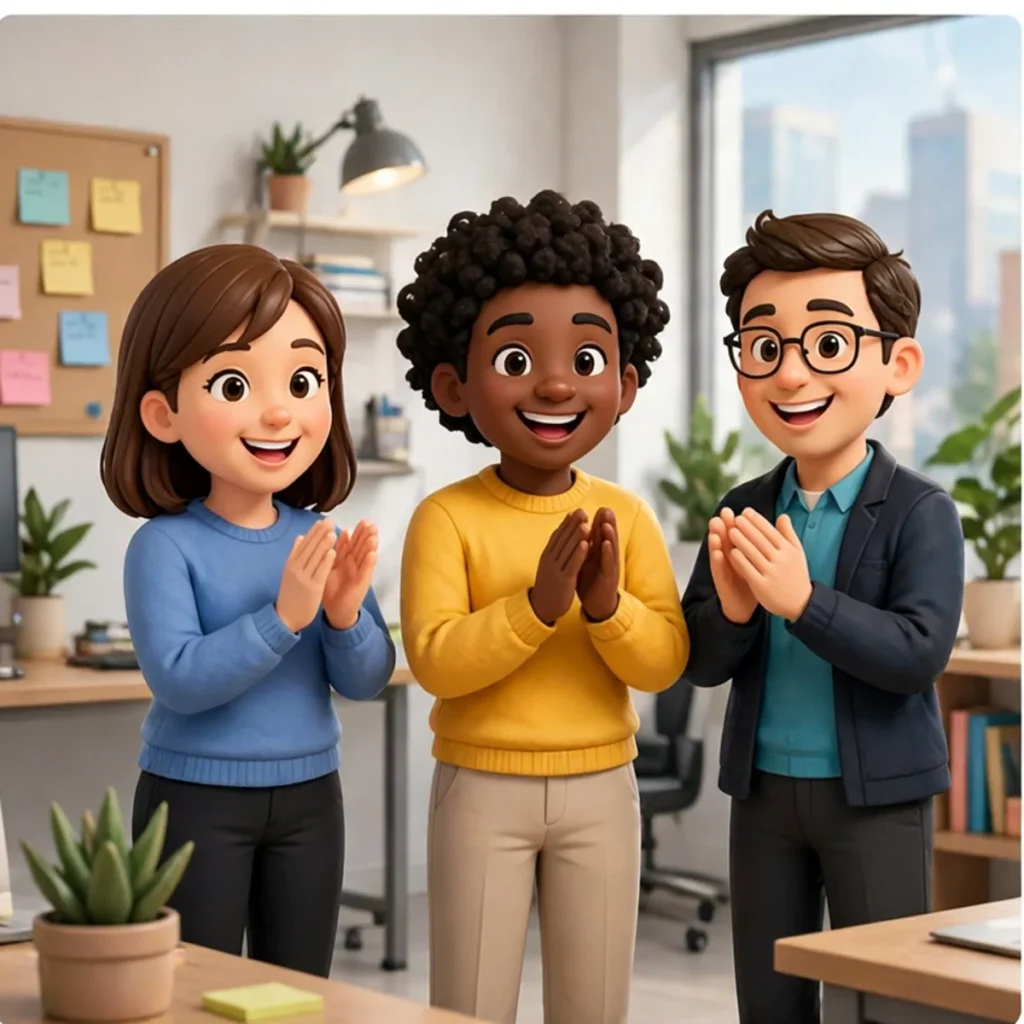 Three smiling cartoon colleagues clapping together in a bright modern office â a woman in a blue sweater, a man in a yellow sweater and a man with glasses in a blazer.