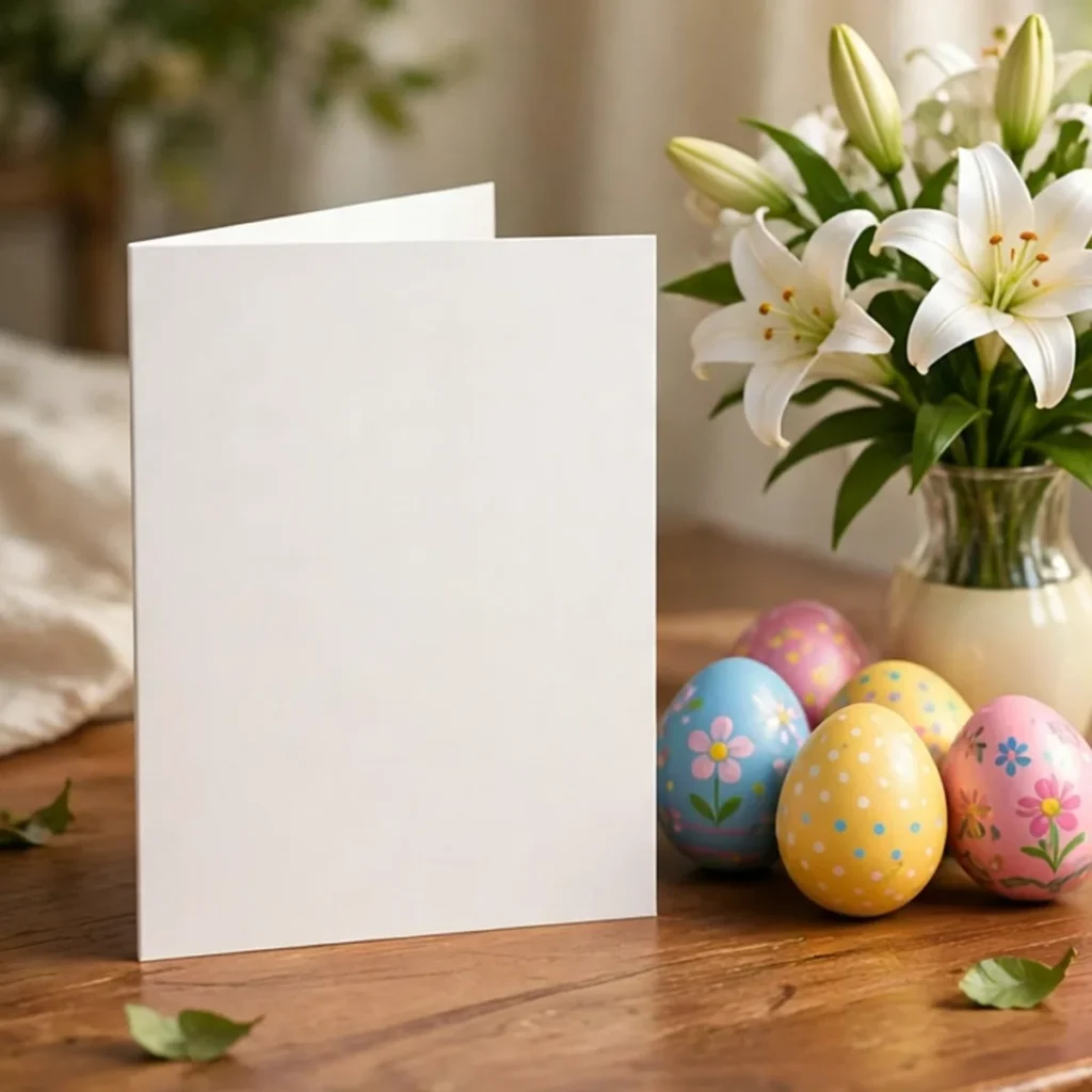 A completely blank white greeting card standing on a wooden table beside hand-painted Easter eggs and a glass vase of white Easter lilies.