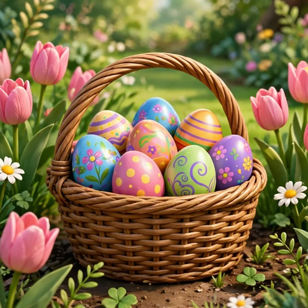 A woven wicker basket full of brightly painted Easter eggs in blue, pink, green, purple and orange, sitting in a spring garden surrounded by pink tulips and small white daisies.