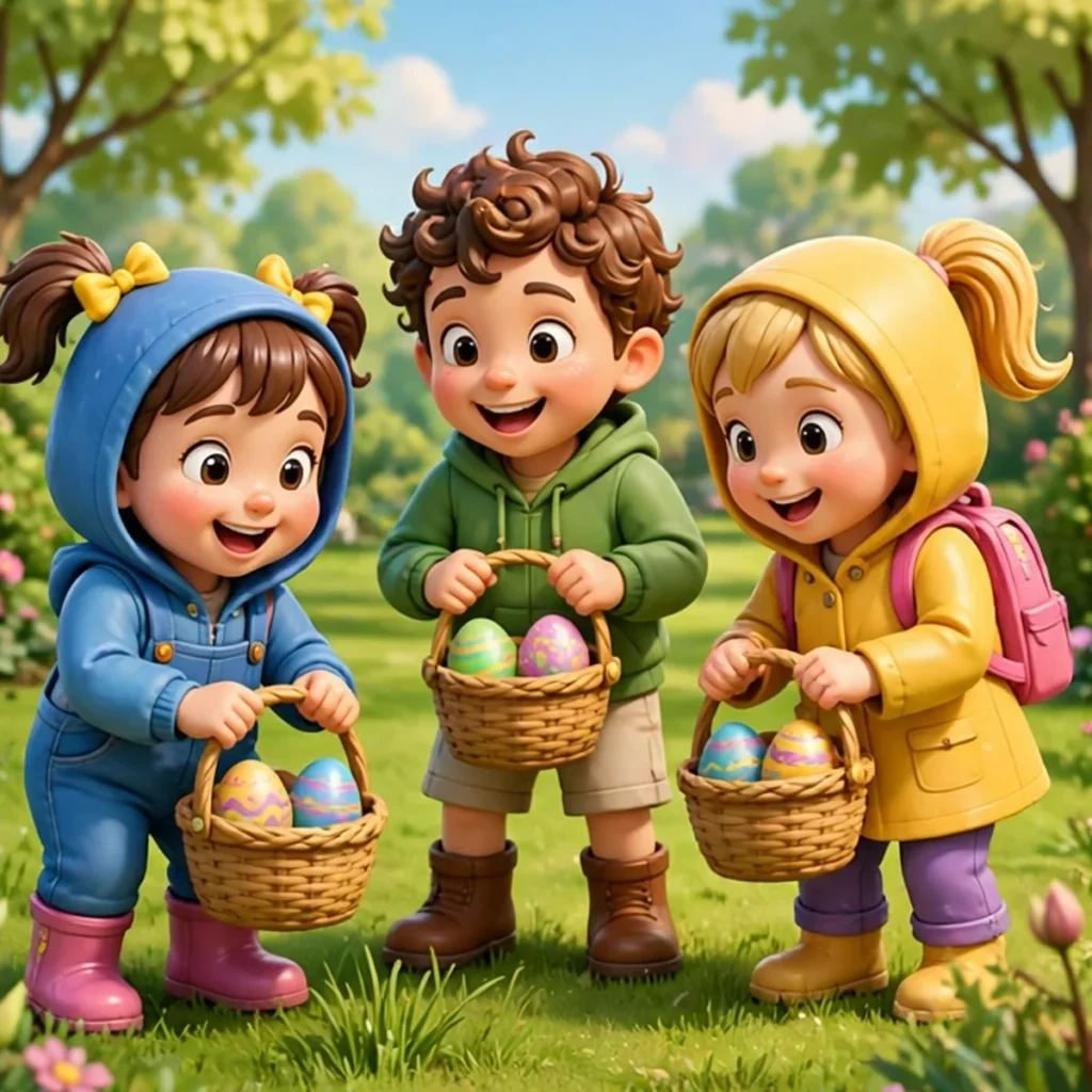 Three smiling cartoon children in colourful hooded jackets holding wicker baskets with painted Easter eggs, standing on green grass in a sunny garden during an Easter egg hunt.