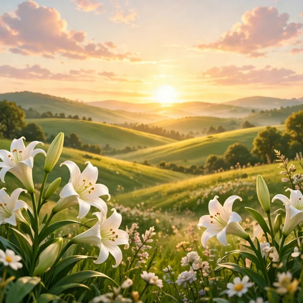 A golden sunrise glowing over rolling green hills, with white Easter lilies and small wildflowers blooming in the meadow in the foreground.