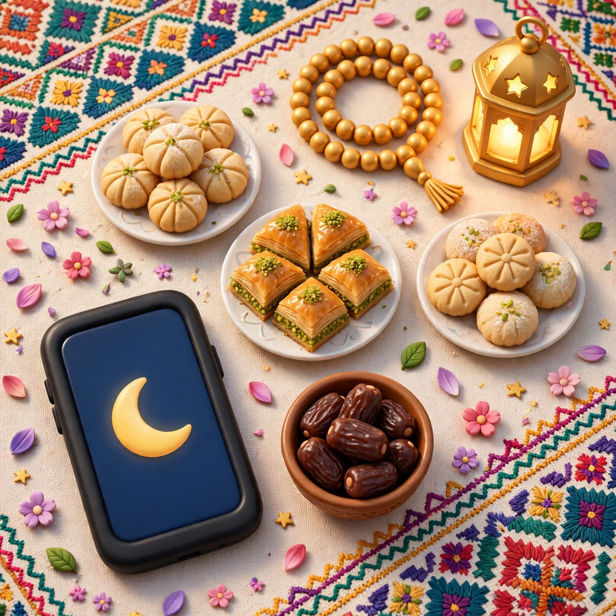 Flat lay illustration of a smartphone beside a bowl of dates, Eid sweets, prayer beads, and a lantern on a decorated festive table.