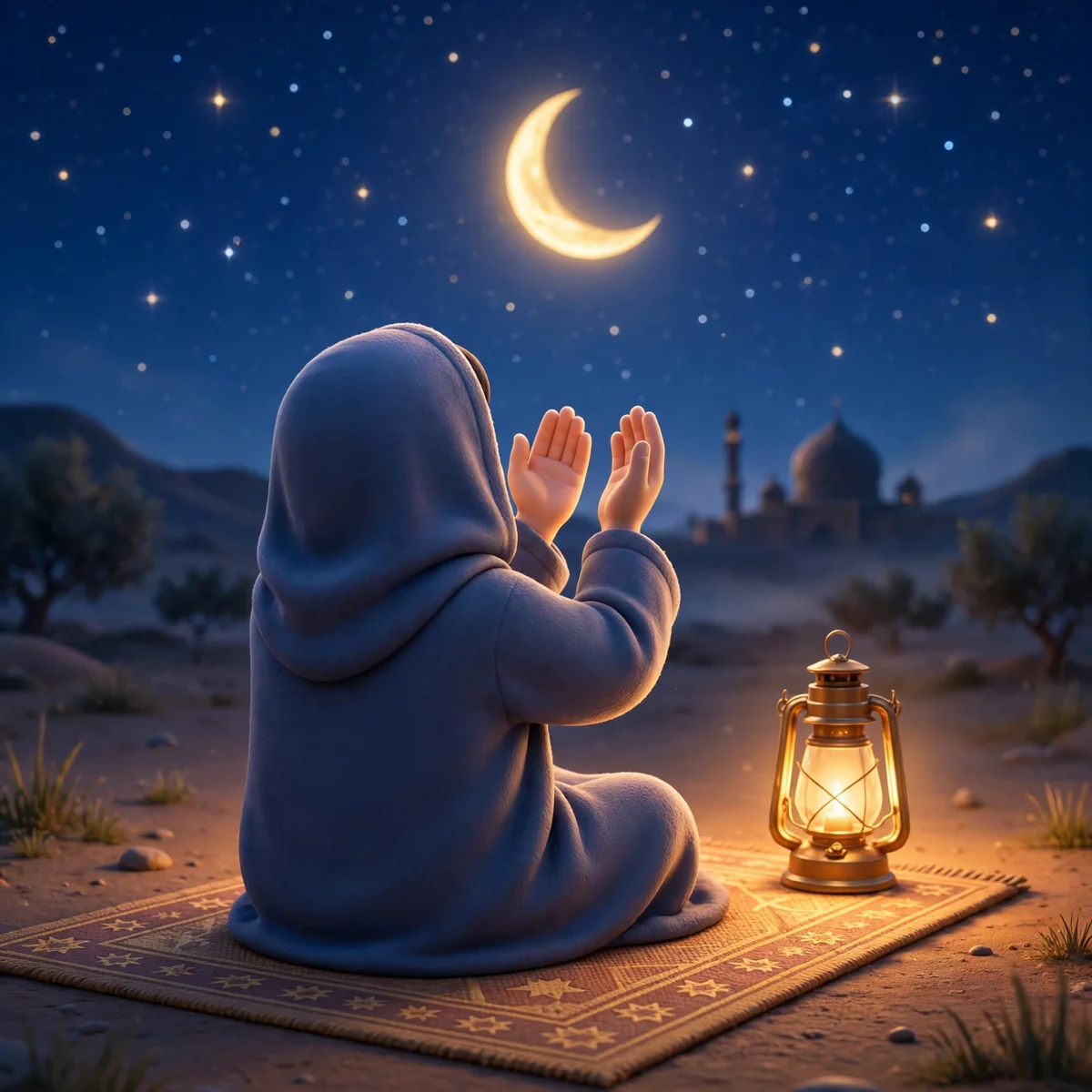 Eid illustration of raised hands in prayer on a prayer mat under a starry sky with a crescent moon and a glowing lantern.