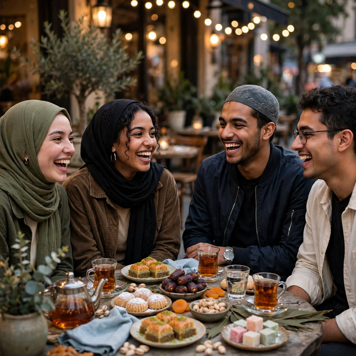 Photograph of happy friends sitting around a cafe table sharing Eid desserts, dates, and tea while laughing together in warm festive light.