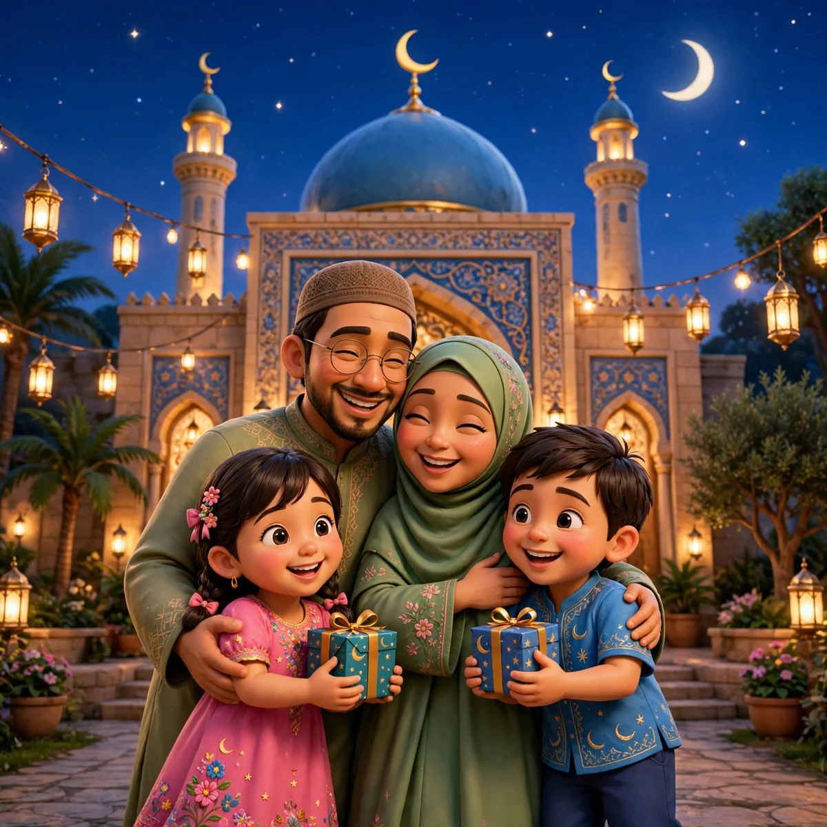 Eid Mubarak illustration of a Muslim family exchanging warm hugs outside a mosque at dusk beneath a crescent moon and glowing lanterns.