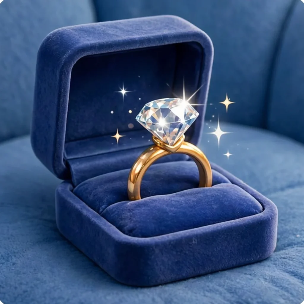 An open royal blue velvet ring box holding a gold ring with a large sparkling diamond, resting on soft blue velvet with bright star sparkles around the diamond.