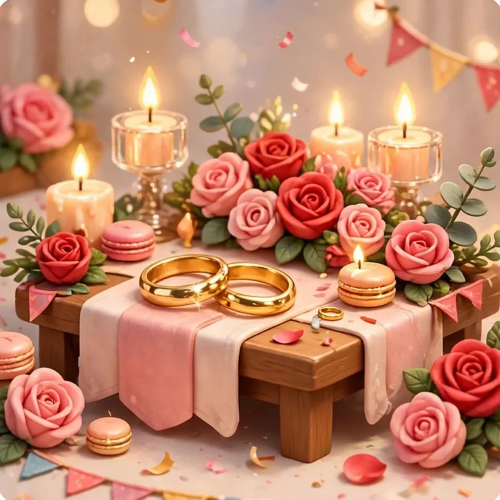 A small wooden celebration table with a pink runner, two big gold rings, pink and red roses, lit candles, macarons and pastel bunting, with confetti and petals scattered around.