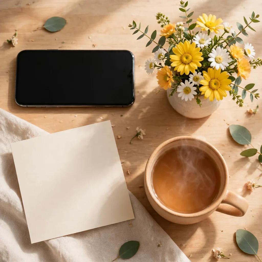 Get well wishes flat lay featuring a get well card, fresh flowers, and a smartphone on a bright table.