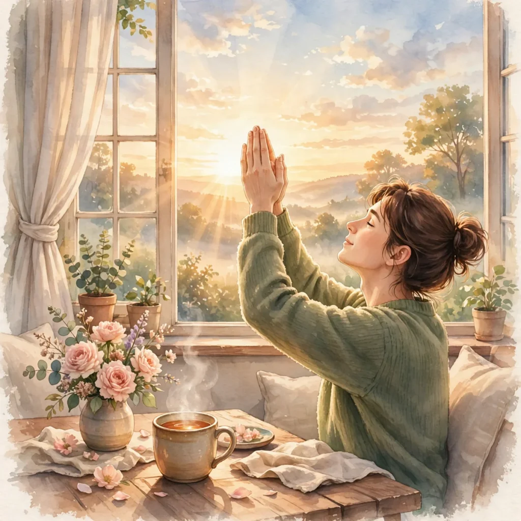Get well wishes illustration featuring raised hands in dua beside a bedside table with flowers and soft morning light.