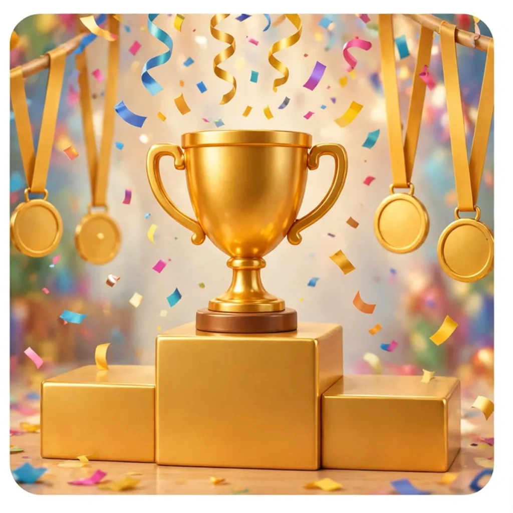 A shiny golden trophy cup standing on a gold winners podium, with gold medals hanging on ribbons above and colourful confetti falling all around.