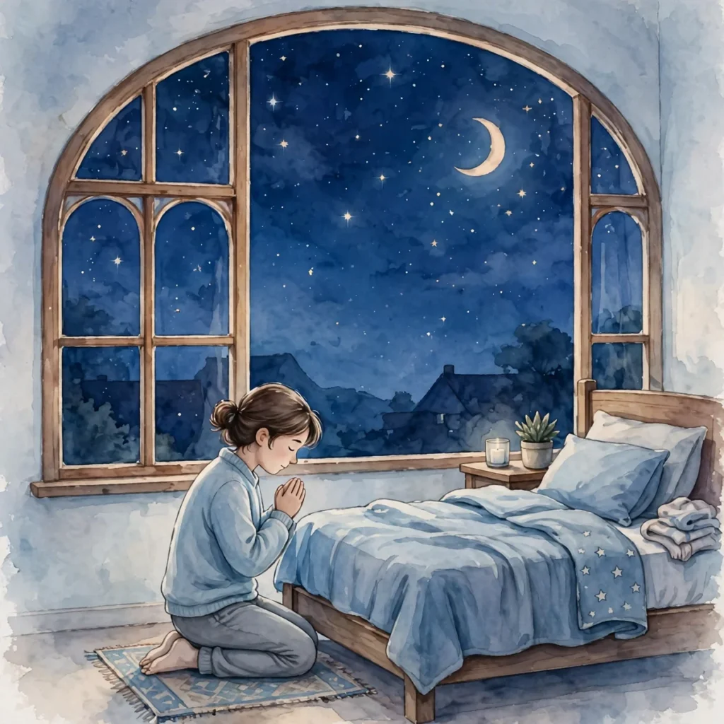 Good night message illustration featuring a peaceful night sky with a crescent moon, stars, and raised hands in dua.