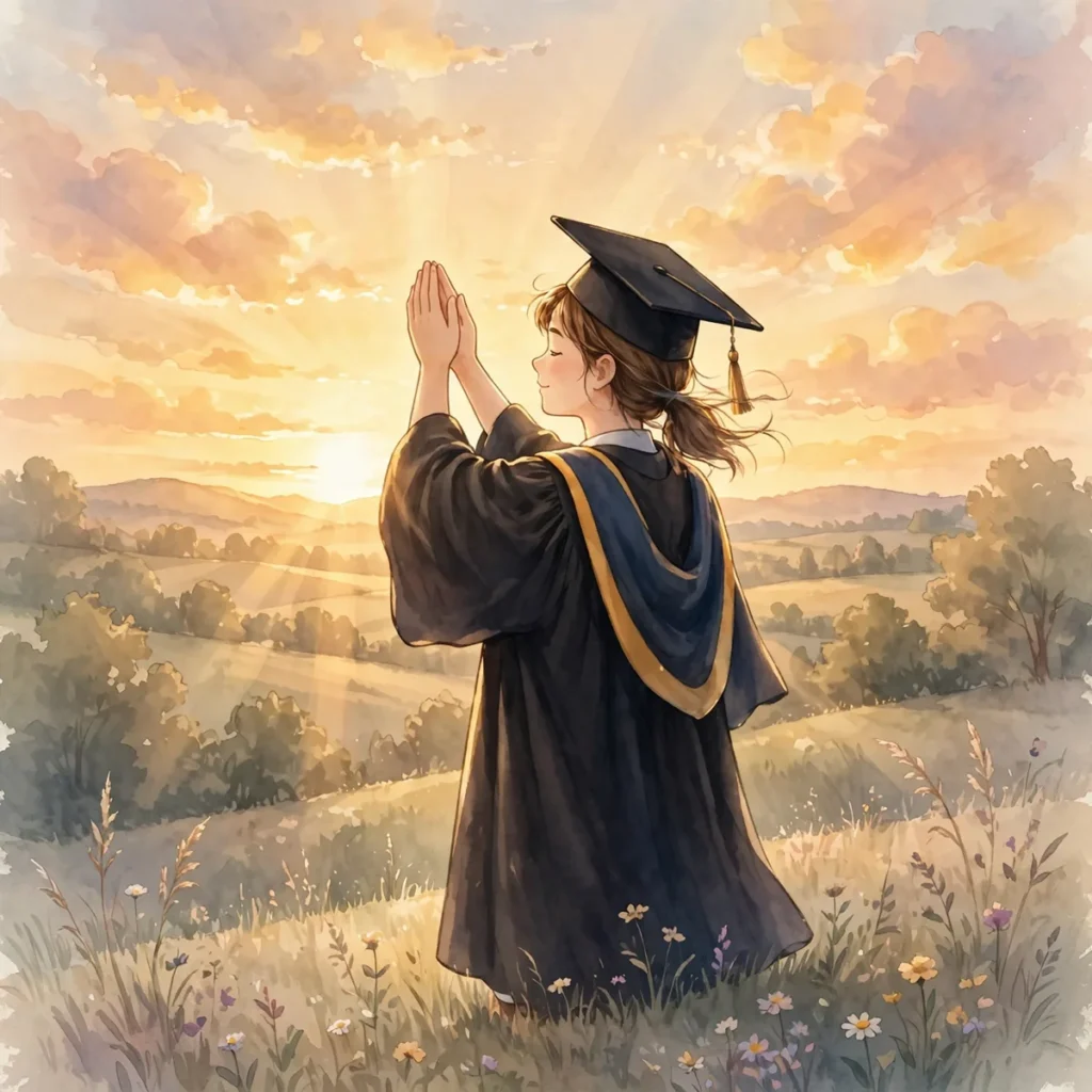 Soft illustration of a young graduate in cap and gown standing at golden sunrise with hands raised in prayer.