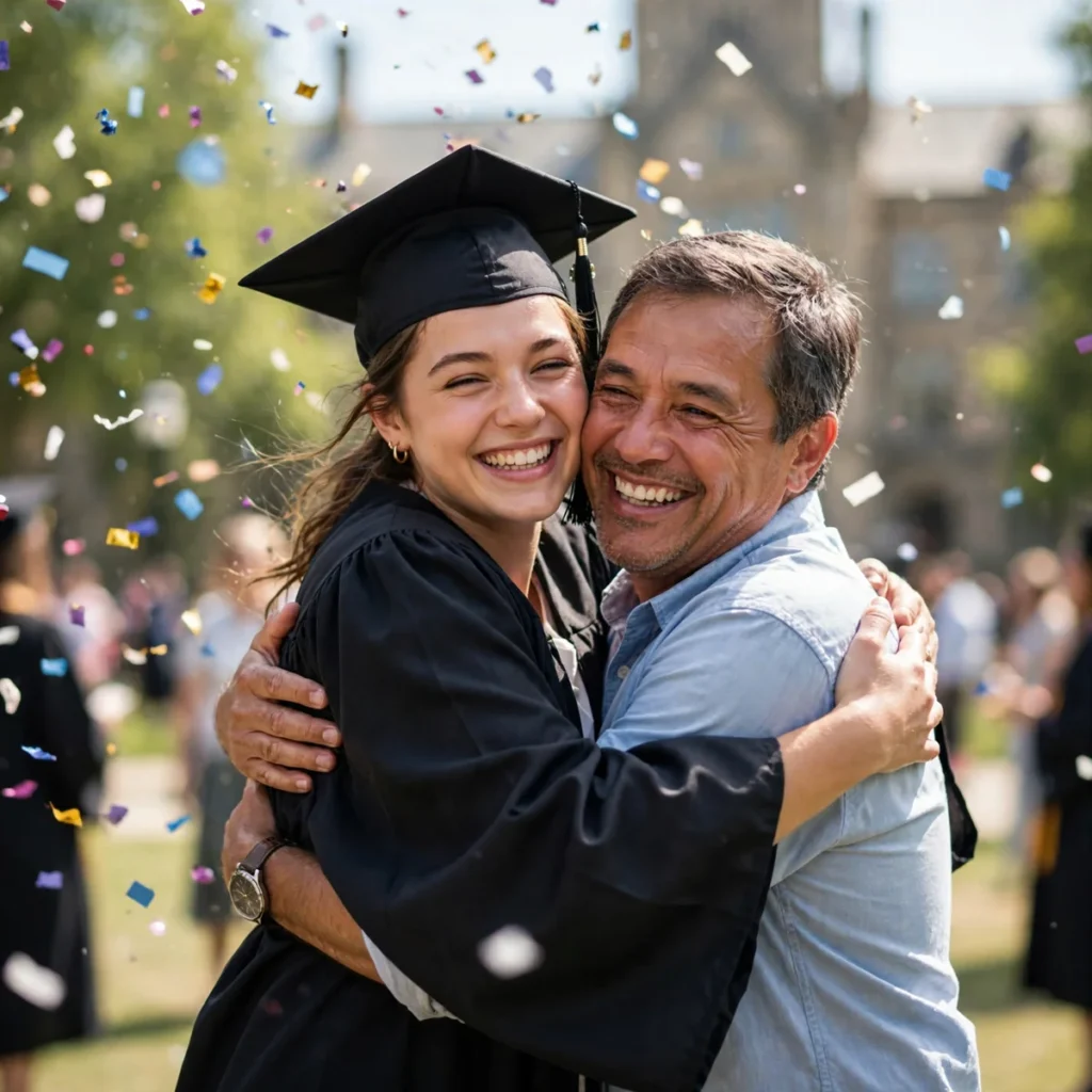 Photograph of a young graduate in cap and gown hugging a proud parent right after the ceremony, with confetti in the air and joyful smiles.