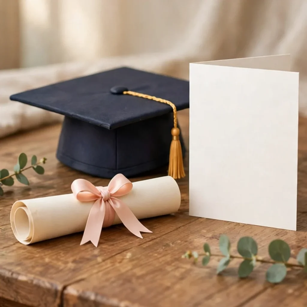 A navy graduation cap with a gold tassel and a rolled diploma scroll tied with a pink ribbon beside a completely blank white greeting card on a rustic wooden table.
